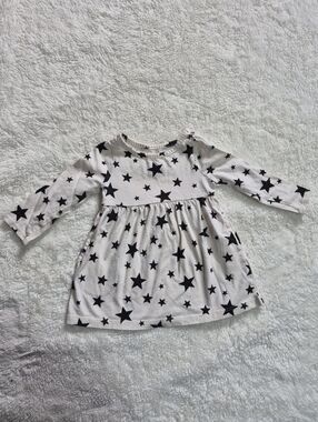 12 Month Star Print Long-Sleeve Kids Dress - Black on White